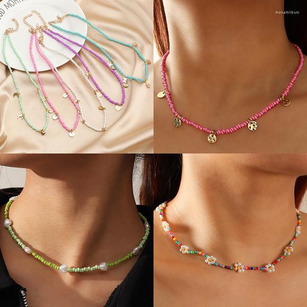 Anhänger Halsketten Boho Bunte Harz Rocailles Halskette Set Stern Mond Perle Blume Für Frauen Mädchen Choker Sommer Strand Schmuck