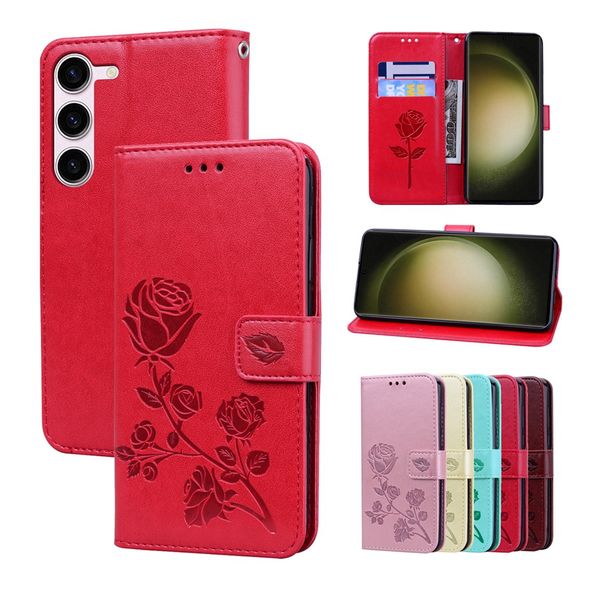 Custodie per cellulari in pelle a portafoglio rosa per Samsung Galaxy S23 S22 S21 S20 Ultra Plus A14 A54 5G A13 A23 A33 A53 Due slot per schede Custodie in pelle con fiori rosa