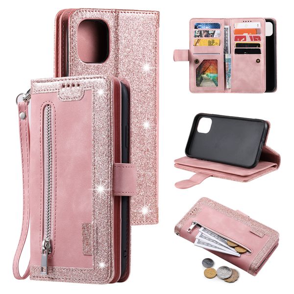 9 карт слотов на молнии зазора Bling Glitter Sumbag Flip Case Cute Magnetic Stand Stand sterm Strast Carple TPU для iPhone 14 13 12 11 Pro Max x 8 плюс Samsung A04E A14 A24 A34 A54