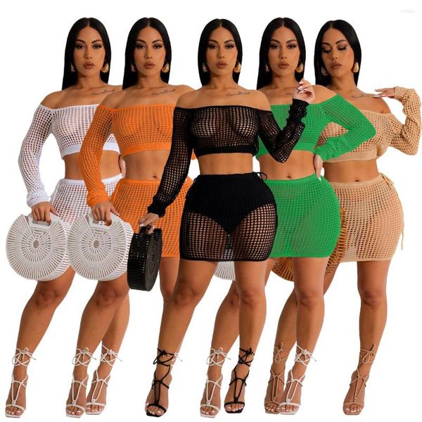 Abiti da lavoro Estate a rete lavorata a maglia Abbigliamento da spiaggia Set di gonne a 2 pezzi Sexy manica lunga Slash Neck Crop Top Mini gonne Scava fuori il vestito delle donne