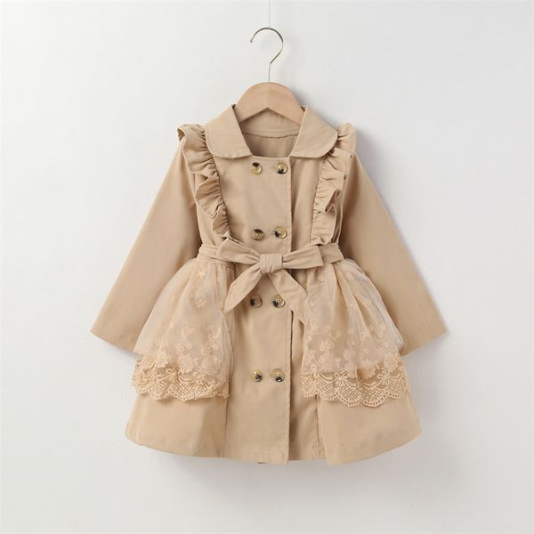 Mädchen Kleider 2 7Y Kinder Mädchen Trenchcoat Baby Herbst Winter Kleidung Spitzenbesatz Langarm Revers Zweireiher Windjacke Kinder Outwear 230508