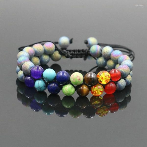 Filo 7 Chakra Bracciale a doppia fila a doppio strato Treccia di spago regolabile per donna Uomo Perline di roccia lavica turchese Guarisci gioielli