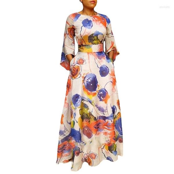 Abbigliamento etnico Abito lungo africano Abbigliamento donna Manica a 3/4 Abito a vita alta 2023 Moda Elegante Chic Stampa Party Africa Maxi