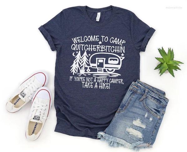 T-shirt da donna Camping Happy Camper Welcome T-shirt estiva carina e divertente T-shirt a maniche corte in cotone T-shirt con stampa grafica O-collo