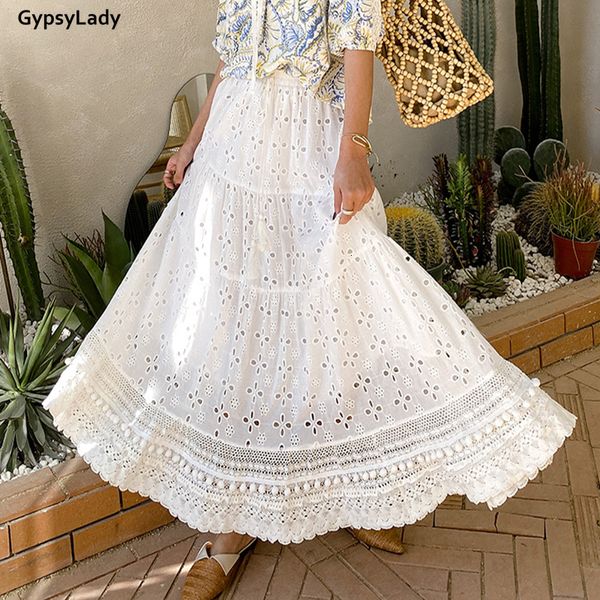 Röcke GypsyLady 100% Baumwolle Weißer Faltenrock Boho Casual Sommer Frauen Lange Röcke Öse Aushöhlen Rüschen Damen Chic Rock 230508