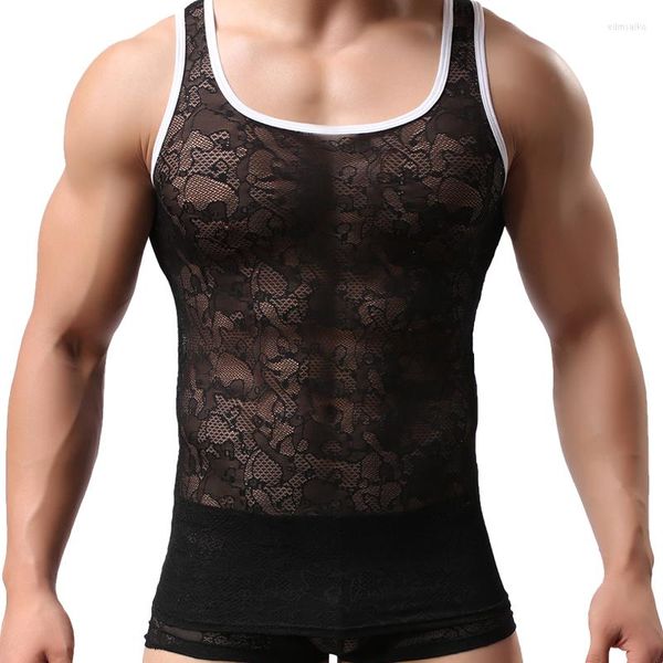 Tanques masculinos tops masculinos estilo de verão transparente flores de renda padronizar menores de camiseta de alta qualidade coletes singlets sem mangas