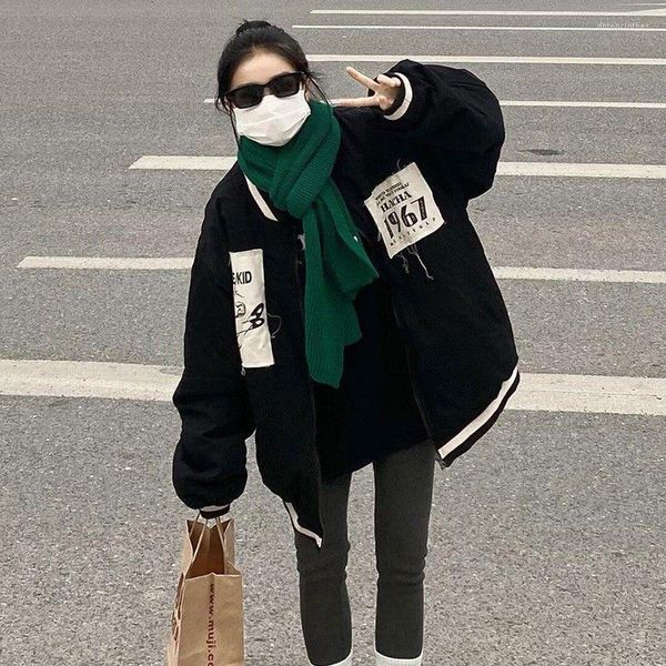 Giacche da donna Giacca da baseball Harajuku Stampato da donna Inverno 2023 Moda coreana Stile preppy Coppia Moto addensata