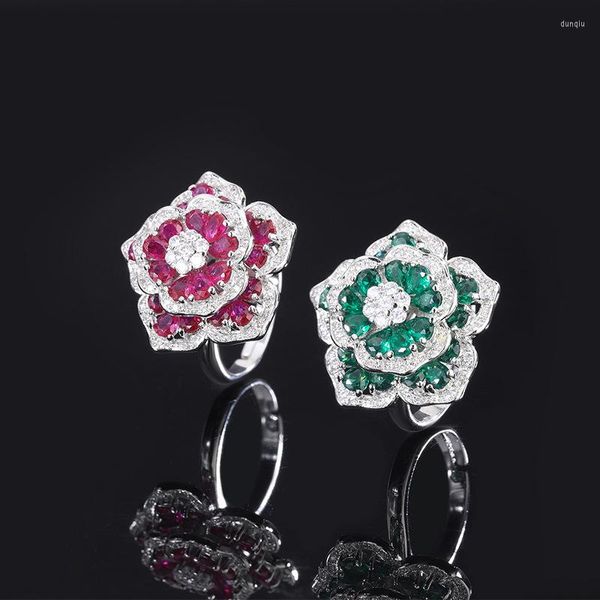 Cluster Ringe Vintage Luxus Rose Blume Ehering Set für Paar verstellbare rote Wassertropfen Kristall Frauen Schmuck Geschenk für Freundin