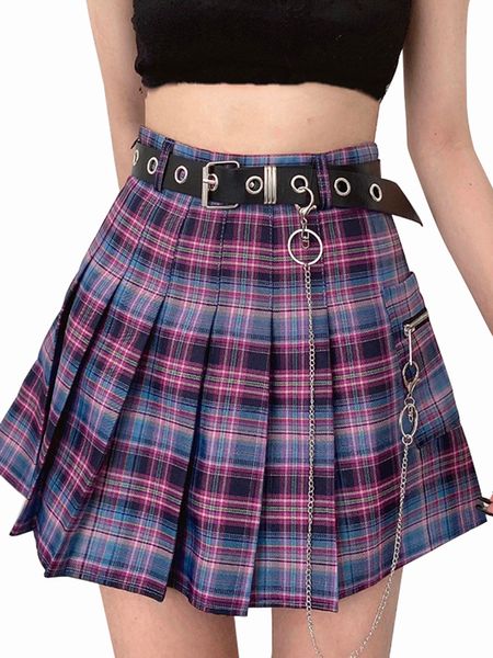 Saias Harajuku saia xadrez mulher punk y2k cintura alta mini saias de tênis uniforme bolso de cadeia A-line streetwear cinturão grátis 230508