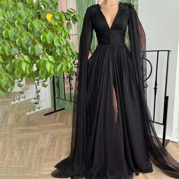 Long Sweety Formale Abendkleider Langarm Tiefer V-Ausschnitt Split Black Pailletten Applikationen Knöpfe Chiffon A-Linie Plus Size Prom Party Kleider 04