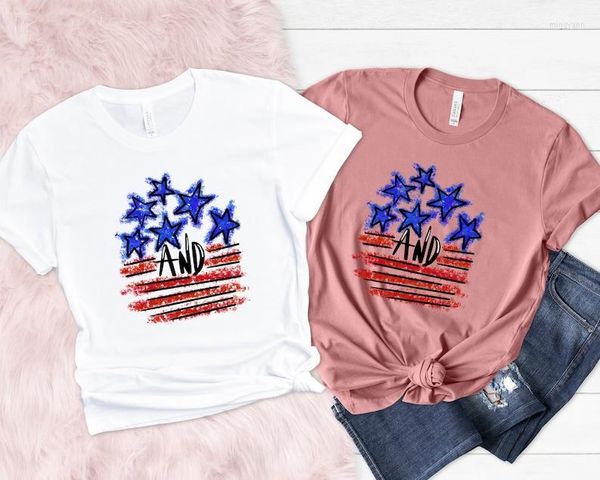 Kadın Tişörtleri Yıldızlar ve Stripes Gömlek Retro Amerikan Bayrağı 4 Temmuz Barış Kısa Kollu Üst Tees o Boyun Harajuku Y2K