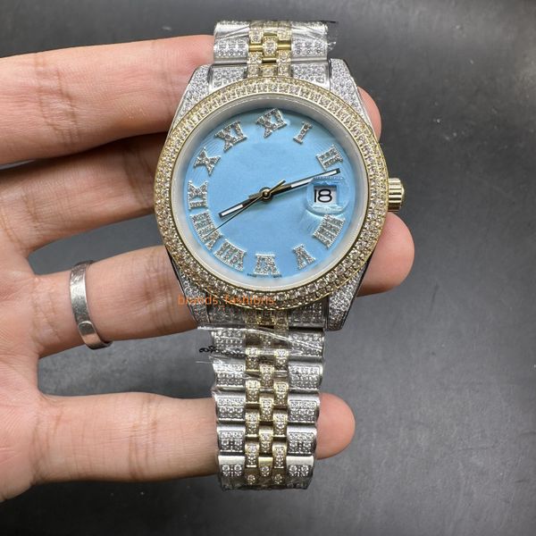 Men's CZ Diamond Fashion Watches Bis-Gold Aço inoxidável embutido Diamond Watches Blue Face