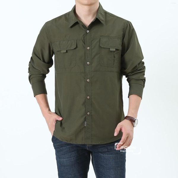 Camisas casuais masculinas Primavera e outono Militares rápida camisa de mangas compridas de manga longa cor de exército solta cor sólida cor