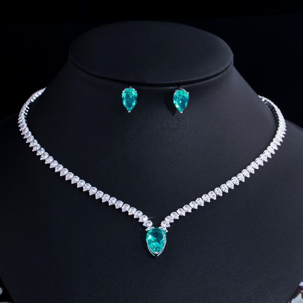 Anhänger Halsketten CWWZircons Elegante große hellgrüne Wassertropfen CZ Kristall Halskette und Ohrringe Frauen Verlobungsfeier Modeschmuck Sets T560 230506