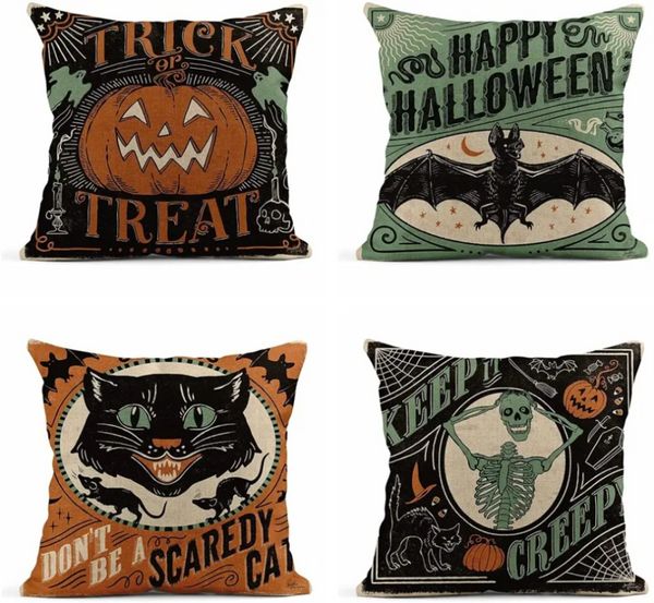 FESTIDAS DE FESTIDAS Decorações de Halloween para travesseiros em casa Decoração de casas de abóbora Luxury Bat Skull Cat Pattern Novelty Festival Gifts 45x45cm 4 8ll D3 A0508