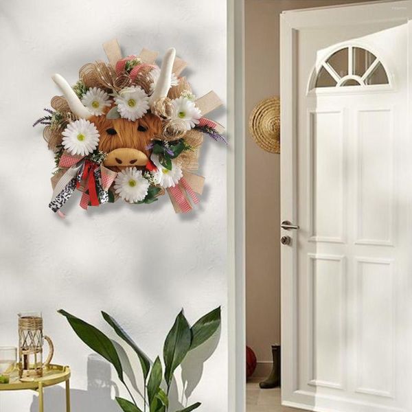 Fiori decorativi Highland Cattle Spring Wreath Wall Door 19 pollici Durevole per Festival Celebrazione Finestra Decorazioni per feste Po Puntelli Casa