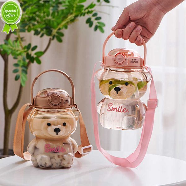 1000 ml de cartoon de grande capacidade urso de plástico copo de copo infantil de mochila portátil caneca de garrafa de água com copo de palha