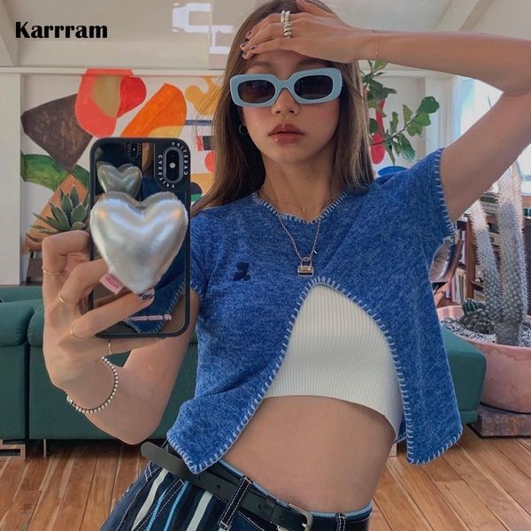 T-shirt femminile karram coreano Fashion Irregular Crop Tops Grunge Chic Designer Case Kpop Slitta maglia a maniche corte T-shirt a maniche corte Y2K Streetwear 230508