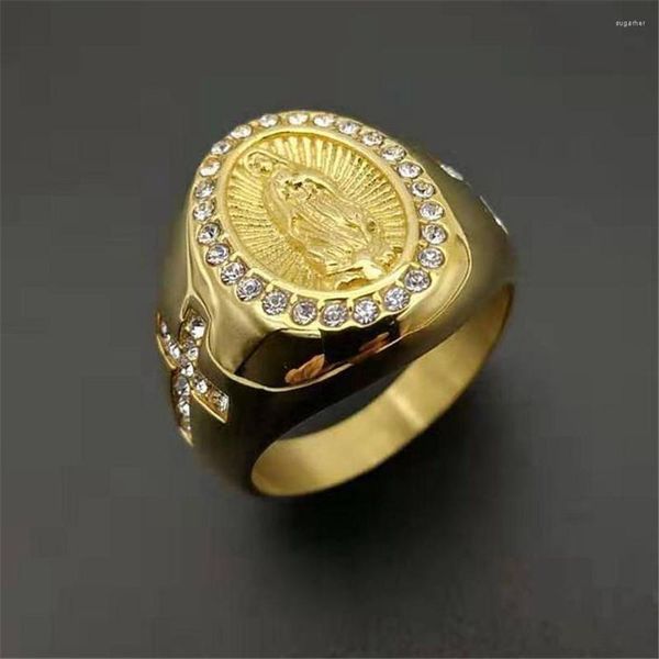 Ringos de cluster Hip Hop Icepou a zircônia cúbica Virgin Mary Ring For Women Gold Color Gold Aço inoxidável Maria feminina ANEL ANEIS MULHER