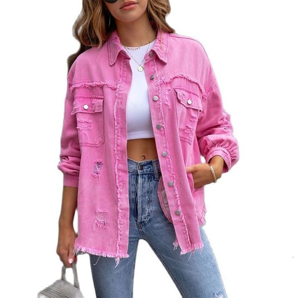 Women's Jackets Holes Raw-edges Denim Jacket Women Spring Autumn Shirt Style Jeancoat Casual Top Rose-Red Orange Purple Outerwear Lady Coat 230508