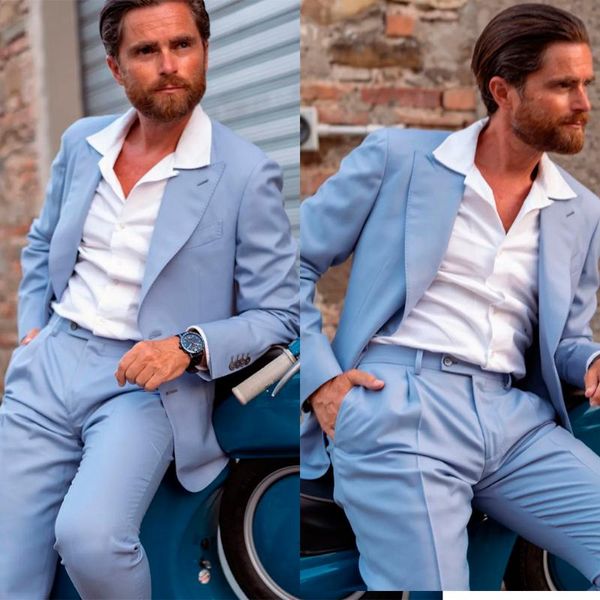 Ternos masculinos Blazers Men azul Suje de 2 peças feitas sob medida de calças de blazer de peito único moderno