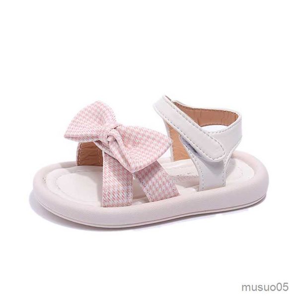 Sandalen New Plaid Bow Kinder Sommerschuhe Prinzessin Hook Loop Mädchen Sandalen Anti Slip Soft Bottom Barfuß Kinder Flache Sandalen