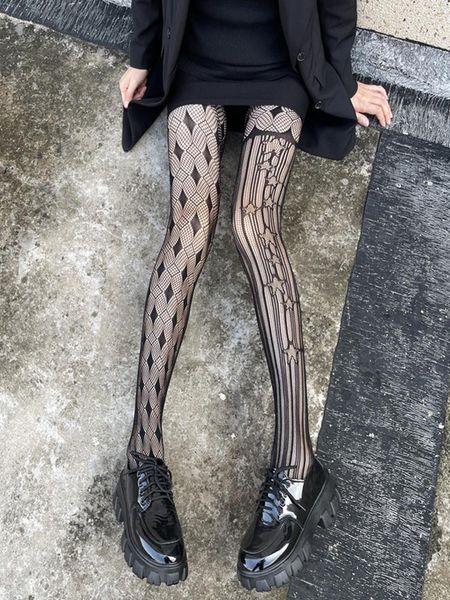 Damensocken Sexy Netzstrumpfhose Gothic Gestreift und Plaid Vintage Lolita Strümpfe Medias De Mujer Emo Alt Punk Body Stocking