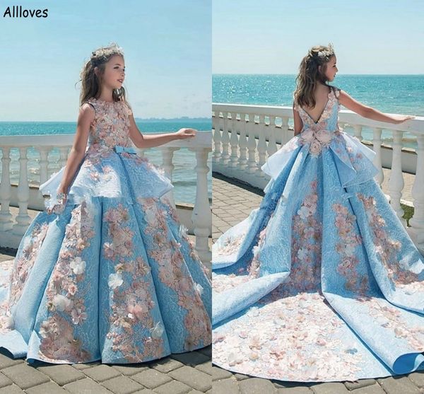 Abiti da ragazza di fiore in pizzo floreale 3D azzurro cielo Gioiello Collo a strati Principessa Abiti da spettacolo per bambina Abiti da ballo formali per bambini Vestito da prima comunione per bambini CL2246