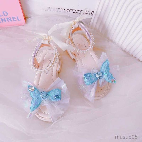Sandalet Çocuk Moda Denizkızı Kuyruk 2023 Dantel İnci Arka Yay Zarif Kızlar Sandalet Parti Düğün Gösterisi Benzersiz Prenses Çocuk Ayakkabıları