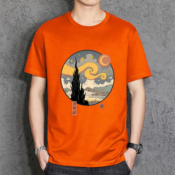 Herren T-Shirts Starry Ukiyo-E Night T-Shirts Herren Basic Large Size T-Shirts Qualität Baumwolle Kurzarm Bequeme Grafik Kleidung Herren 230508