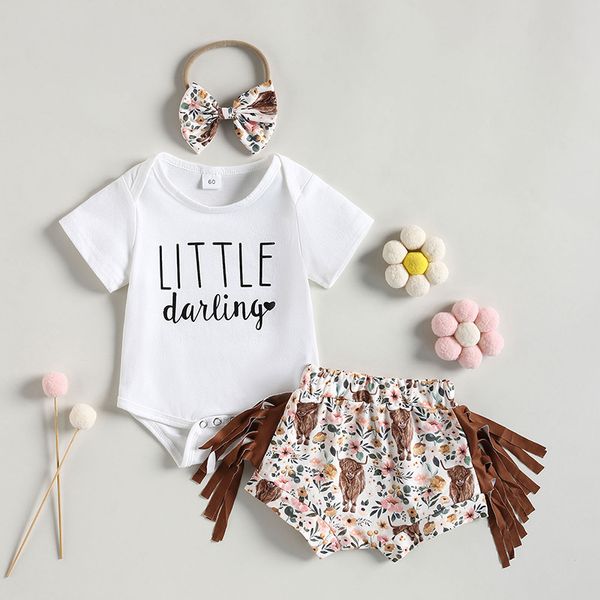 Summer Girls Baby Casual Casual Sets Letter fofo Infantil Carteira impressa Manga curta Tamel Tassel Shorts Floral Acessórios de cabelo 3pcs Suits Princess Roupfits S2198