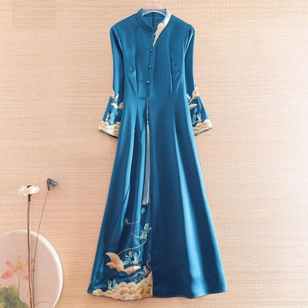 Roupas étnicas estilo chinês feminino tamel qipao vestido outono bordado real vintage elegante senhora luxuosa zen cheongsam s-xxl