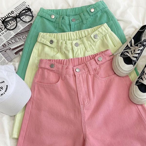 Damen Jeans Sommer Macaron Candy Button Halbe elastische High Waist Straight Five Point Denim Shorts