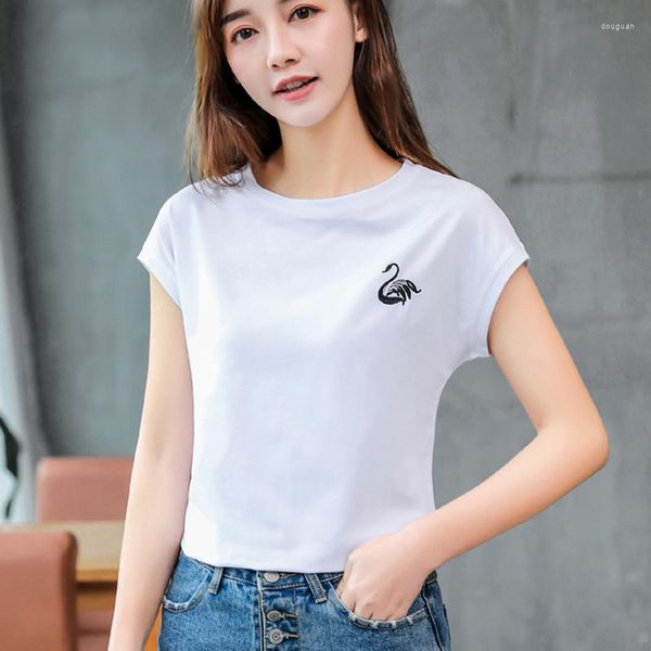 T-shirt da donna T-shirt Femme Animal Swan Ricamo T-shirt da donna in cotone stile coreano Summer Tops 2023 Fashion Tshirt Abbigliamento donna