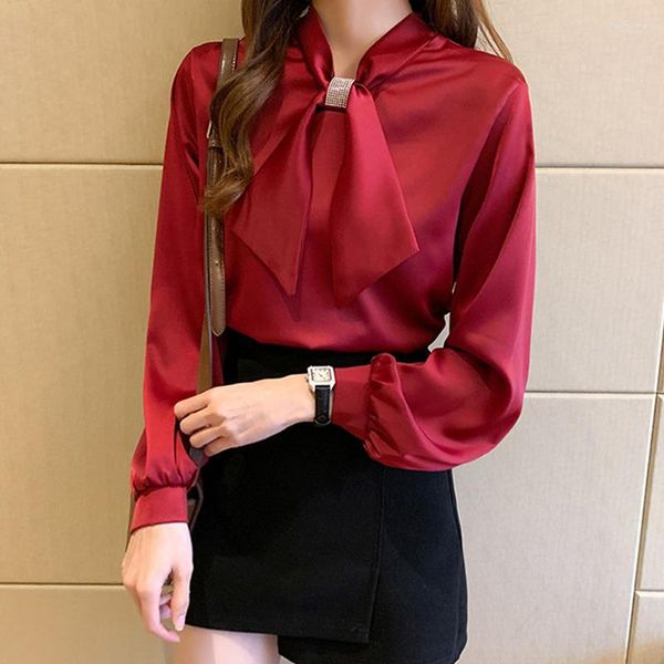 Blouses femininas primavera chinesa pescoço vermelho gravata borbole