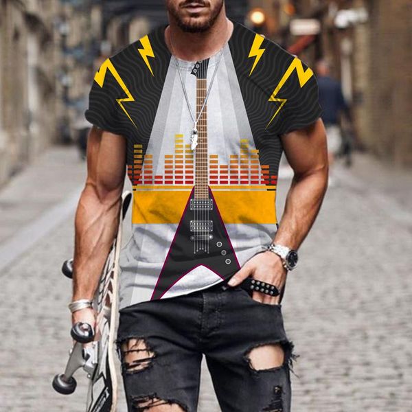 Erkek Tişörtleri Yaz Müzik Enstrüman Gitar 3D Baskı Tişörtleri Erkekler Moda Günlük Gevşek Gömlek Büyük Boy Yuvarlak Boyun Tshirt Street Tops