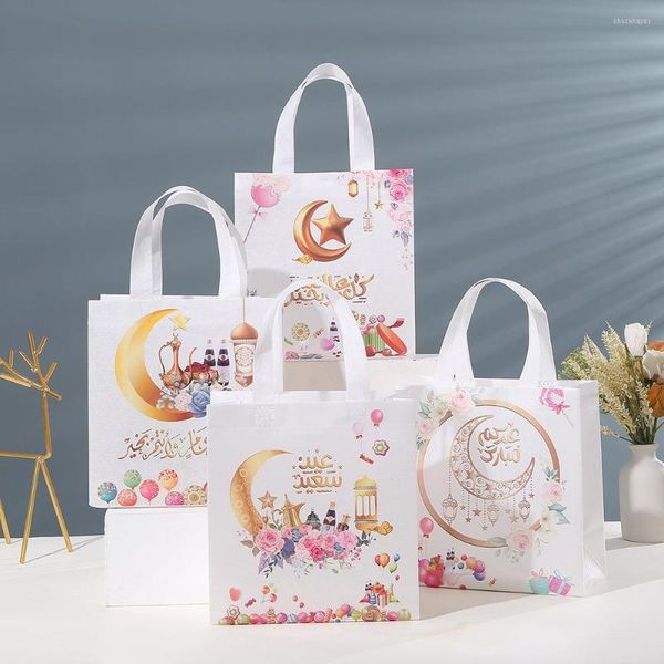 Confezione regalo 4 pezzi Bianco Eid Mubarak Borse Ramadan Decorazione 2023 Stampa Fiore Luna Stella Borsa da imballaggio non tessuta Partito islamico musulmano