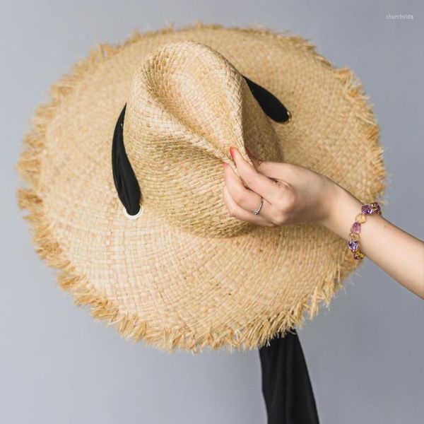 Chapéus largos da borda 2023 Summer lafite Sun Cap Ladies Black Ribbon Hat palha de palha viseira Big Side Outdoor Beach Chapeu feminino