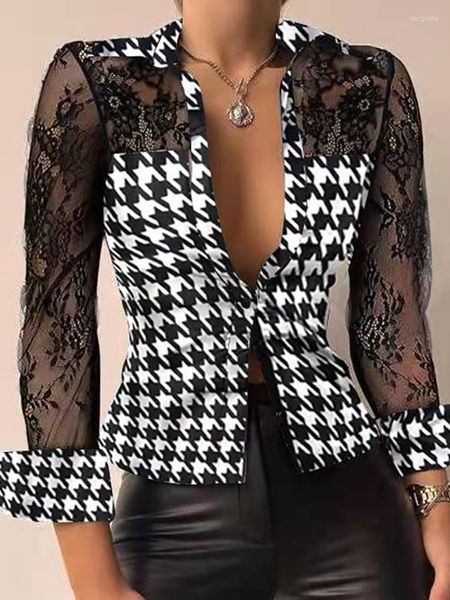 Camicette da donna Primavera Autunno Office Lady Camicie pied de poule Donna Patchwork in pizzo Manica lunga Camicetta retrò Scollo a V Stampa Bottoni slim Top