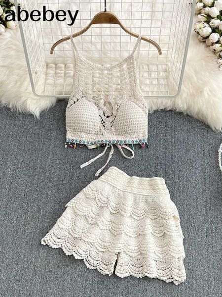 Traje de baño para mujer 2022 verano señoras borla Crotchet Camis Top + Shorts Chic 2 uds traje de playa conjunto de vacaciones Y23