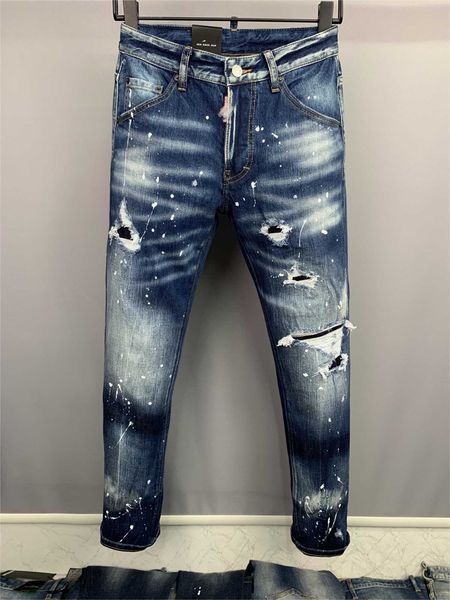 Jeans masculinos 2023 NOVA marca de maré de moda masculino desgastado jeans locomotiva de tinta rasgada 9868 Z0508