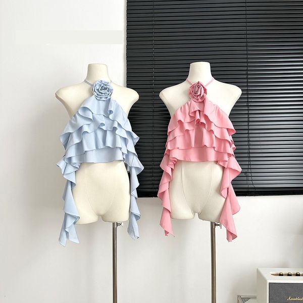 Camisoles Tanks Womens Sweet Neckholder 3D Flower Layers Crop Bluse Lady Summer Streetwear Unregelmäßiges ärmelloses kurzes Shirt Top 230508