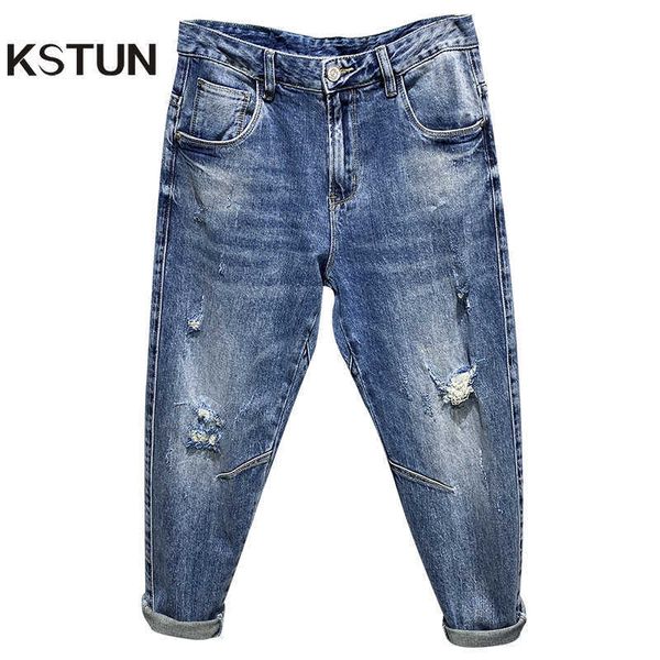 Мужские джинсы разорванные джинсы Мужчина светло -голубые растягивающие брюки Capris огорченные повседневными гарем -брюками винтажные хип -хоп лодыжки брюки джинсы бренд Z0508