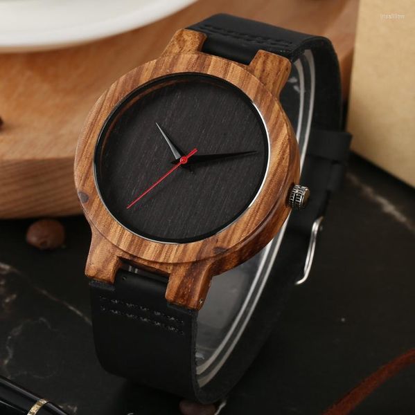 Armbanduhren Vintage Holz Schwarz/Kaffee/Grünes Zifferblatt Naturbambusholz Uhr für Herren Lederuhr Herrenuhr Top Geschenk Reloj De Madera