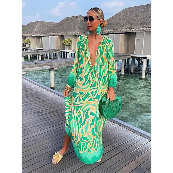 Lässige Kleider Frauen Vintage Maxi Kleider Sommer sexy Deep Vneck Langarm Boho Print Long Kleider Weibchen Strand Decken Sie elegante Robe