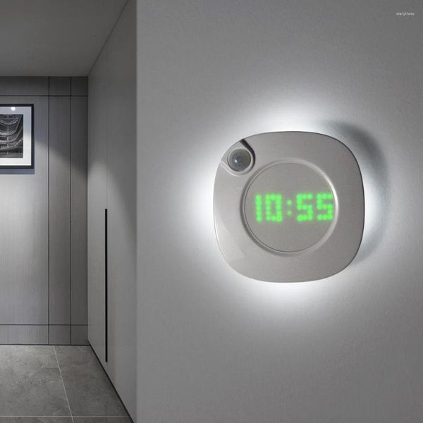 Luzes noturnas Sensor de movimento LED Luz de parede 360 ​​grau USB Design moderno Relógio digital Relógio Indoor Cozinha de cozinha Estudo Presente decorativo