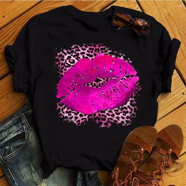 Damen T-Shirts Damen Sommer Lässig Mode Lippen Leopardenmuster Oansatz Kurzarm T-Shirt Tops Damen Strand Grundlegende Arbeit Streetwear Tuch