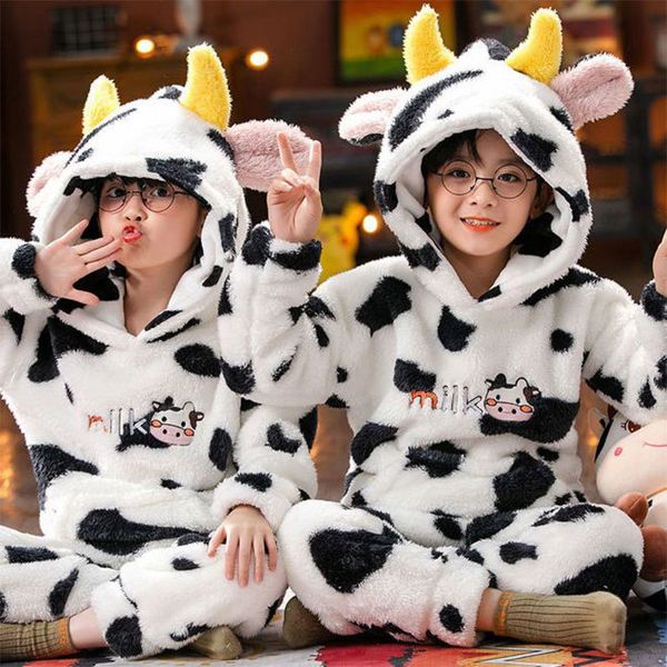 Pijama de pijama de flanela de flanela para crianças Meninas de lã de lã de lã de coral meninos roupas caseiras roupas de vaca de animais pijamas terno quente 230509