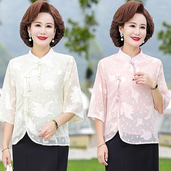 Kadın Tişörtleri Asya tarzı Retro Hollow Jacquard Geza Bluzları Yaz Üç Çeyrek Kollu Cheongsam yaka kazak üstleri Kadın Giyim