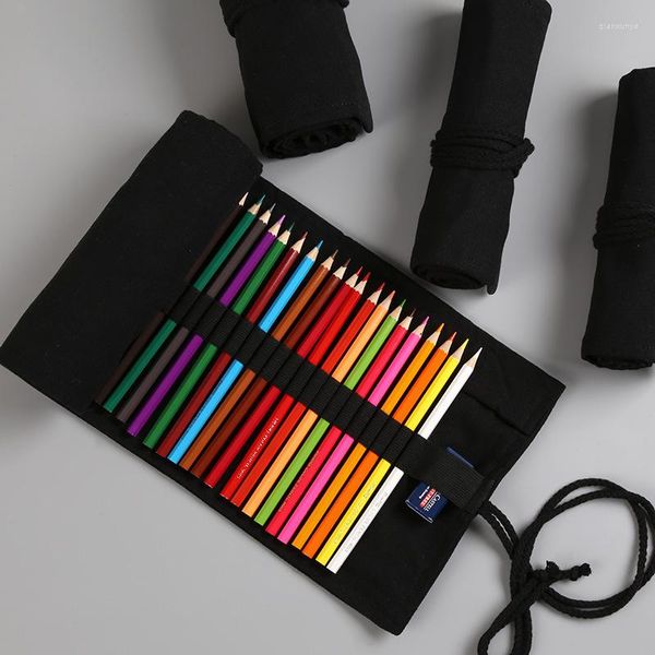 50pcs Black Color School Lápis Rolo 24/36/48/72 Balços Lápis de lona grande bolsa de caneta para meninos bolsa de papelaria meninos